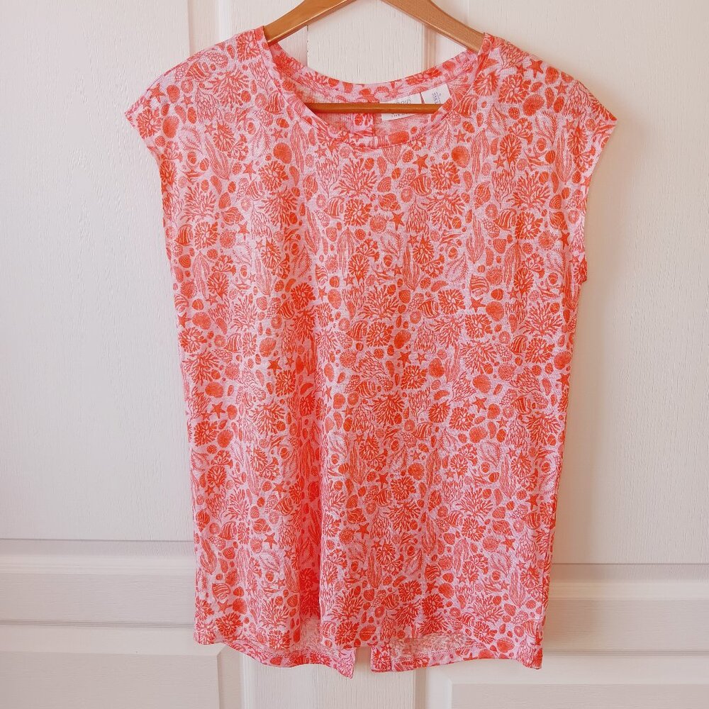 Sigrid Olsen Women's Coral Tropical Ocean Print Linen Sleeveless Tee Size S